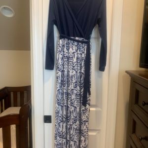 Blue and White long sleeve ankle length dress